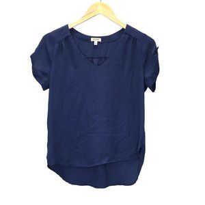 Lily White Womens Blouse Blue Short Sleeve V Neck Size Small